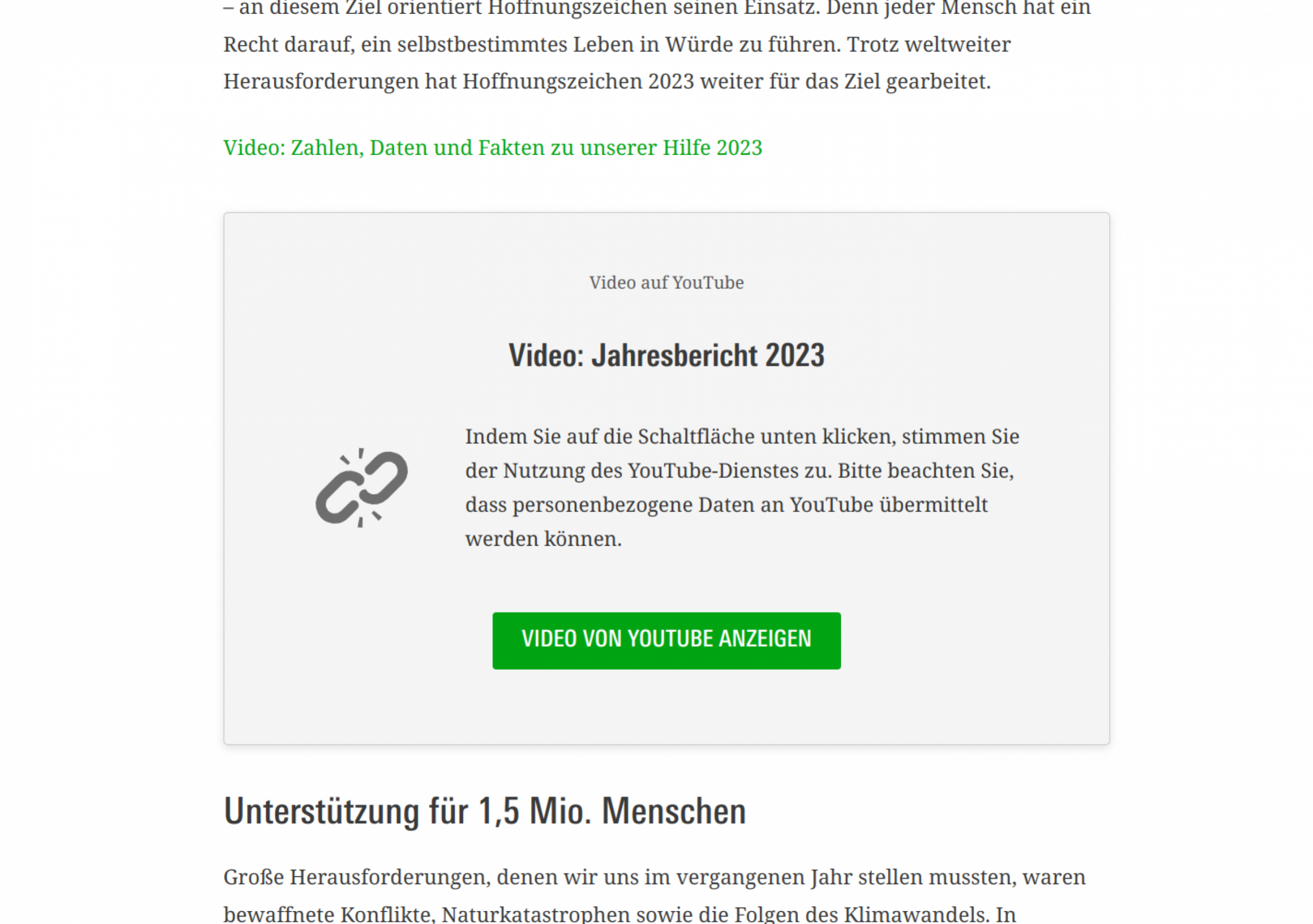 Screenshot der Seite "Jahresbericht" von Hoffnungszeichen mit einem DSGVO-konformen Teaser für Inhalte von YouTube Screenshot der Seite "Jahresbericht" von Hoffnungszeichen mit einem DSGVO-konformen Teaser für Inhalte von YouTube