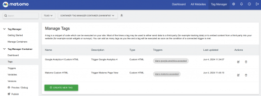 Tags in the Matomo Tag Manager: they are inserted into the container when users give their consent Screenshot of the Matomo Tag Manager with two defined tags
