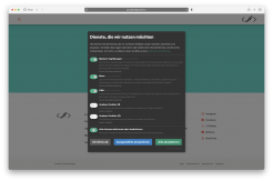 Tojo Consent Management Dialog, realized with Klaro and the Matomo Tag Manager In the foreground you can see a consent management dialog ("cookie banner"), behind it a darkened website
